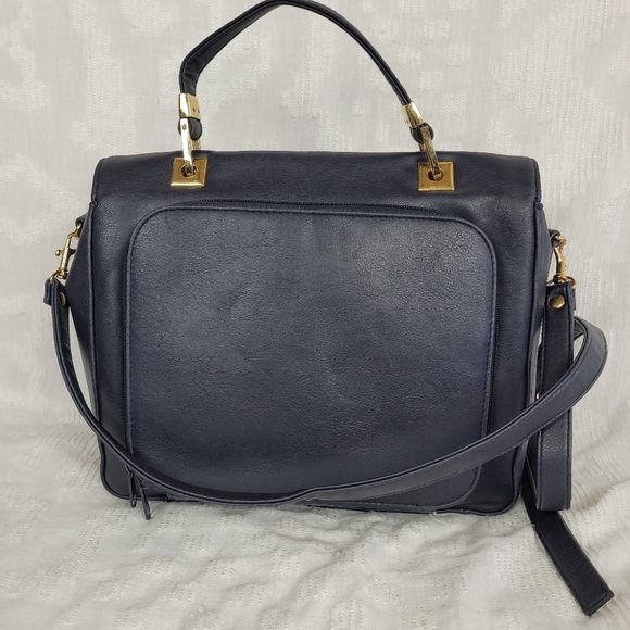 Navy blue shoulder bag long strap short handle satchel gold accents grandma chic - Picture 5 of 11